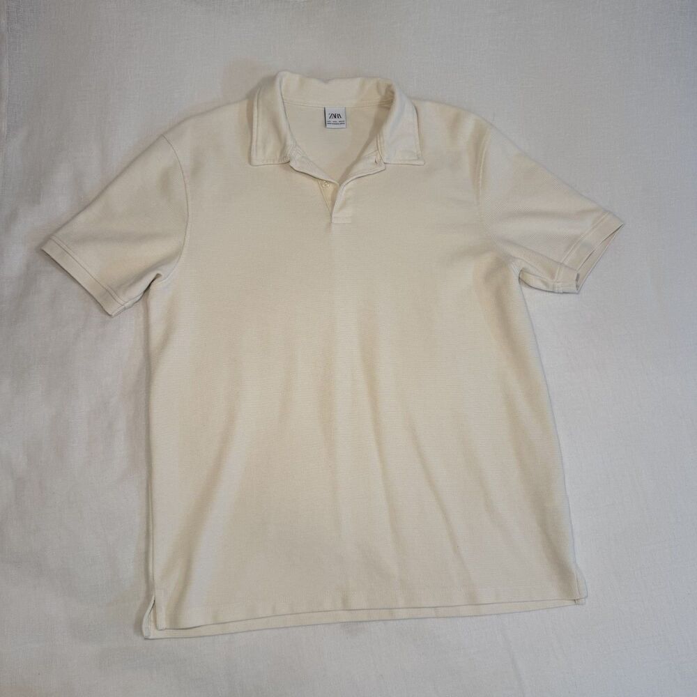 Zara Large Cream Waffle Knit Polo Shirt Johnny Collar Short Sleeve Cream L Men
